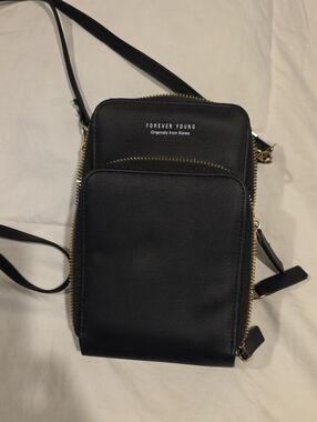 Forever Young Black Crossbody Phone Pouch with Gold Accents